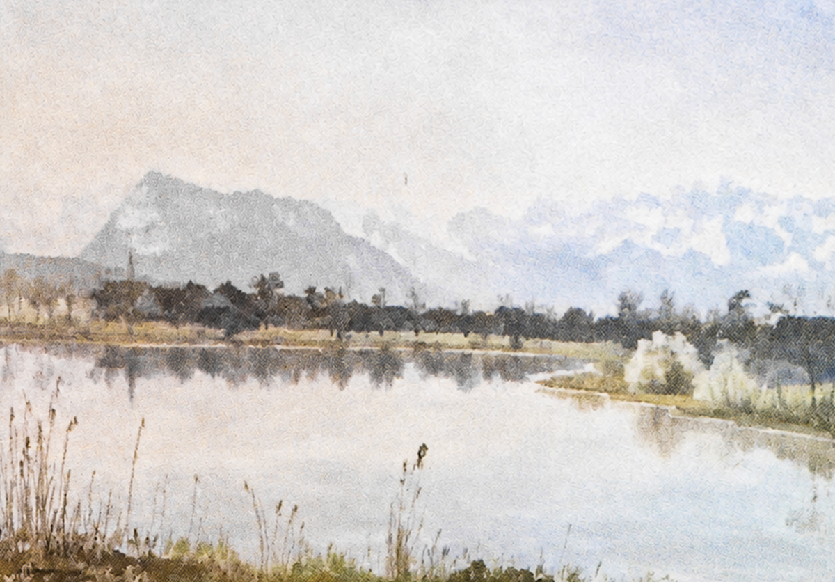 Siegenthaler-Buser Otto, Landschaft mit See, Bauernhöfe, Bergkette, 1375